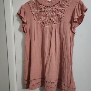 Blu Pepper Dusty Pink Crochet Accent Blouse